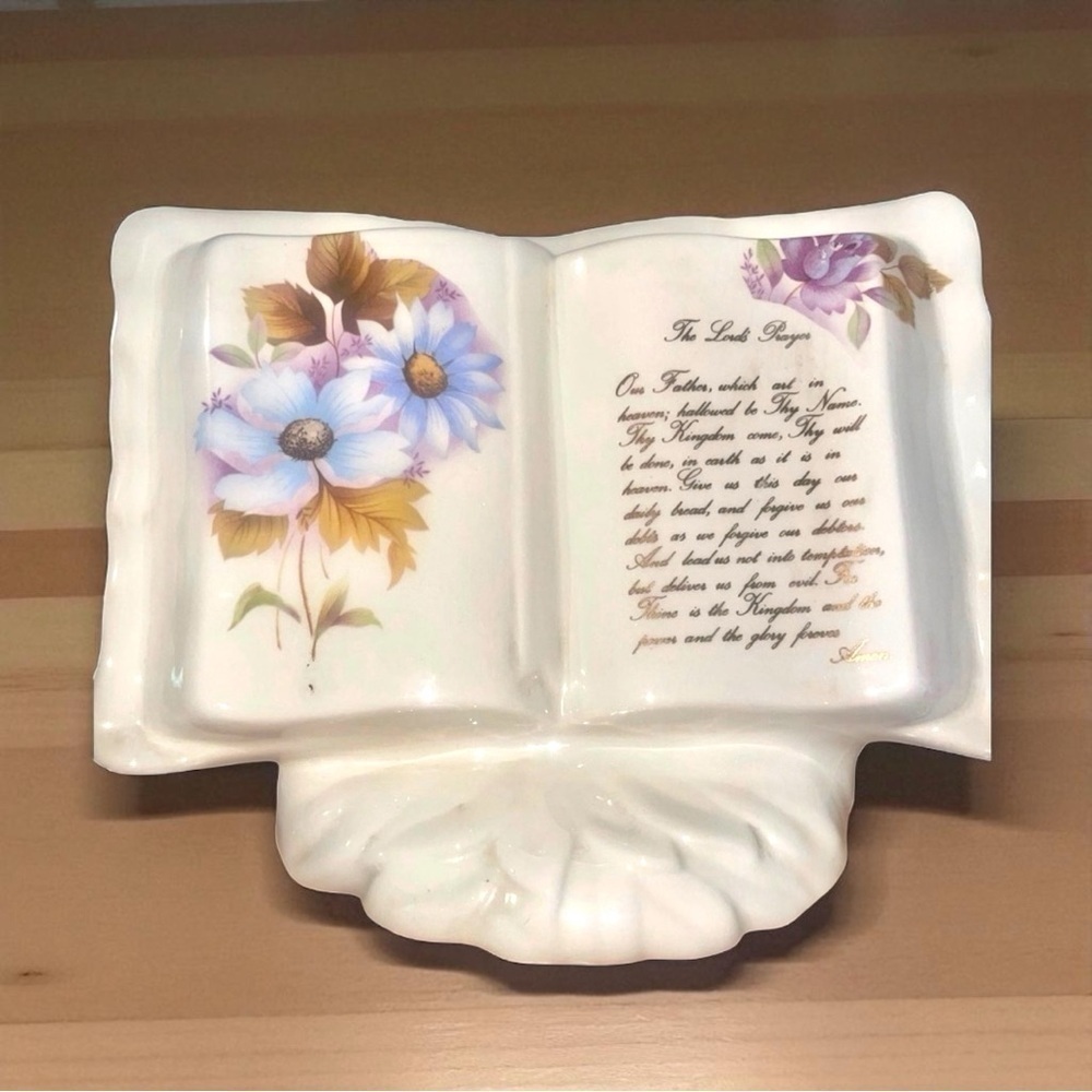 Vintage Ceramic Lord’s Prayer Open Book Figurine Floral Religious Decor - Picture 2 of 7